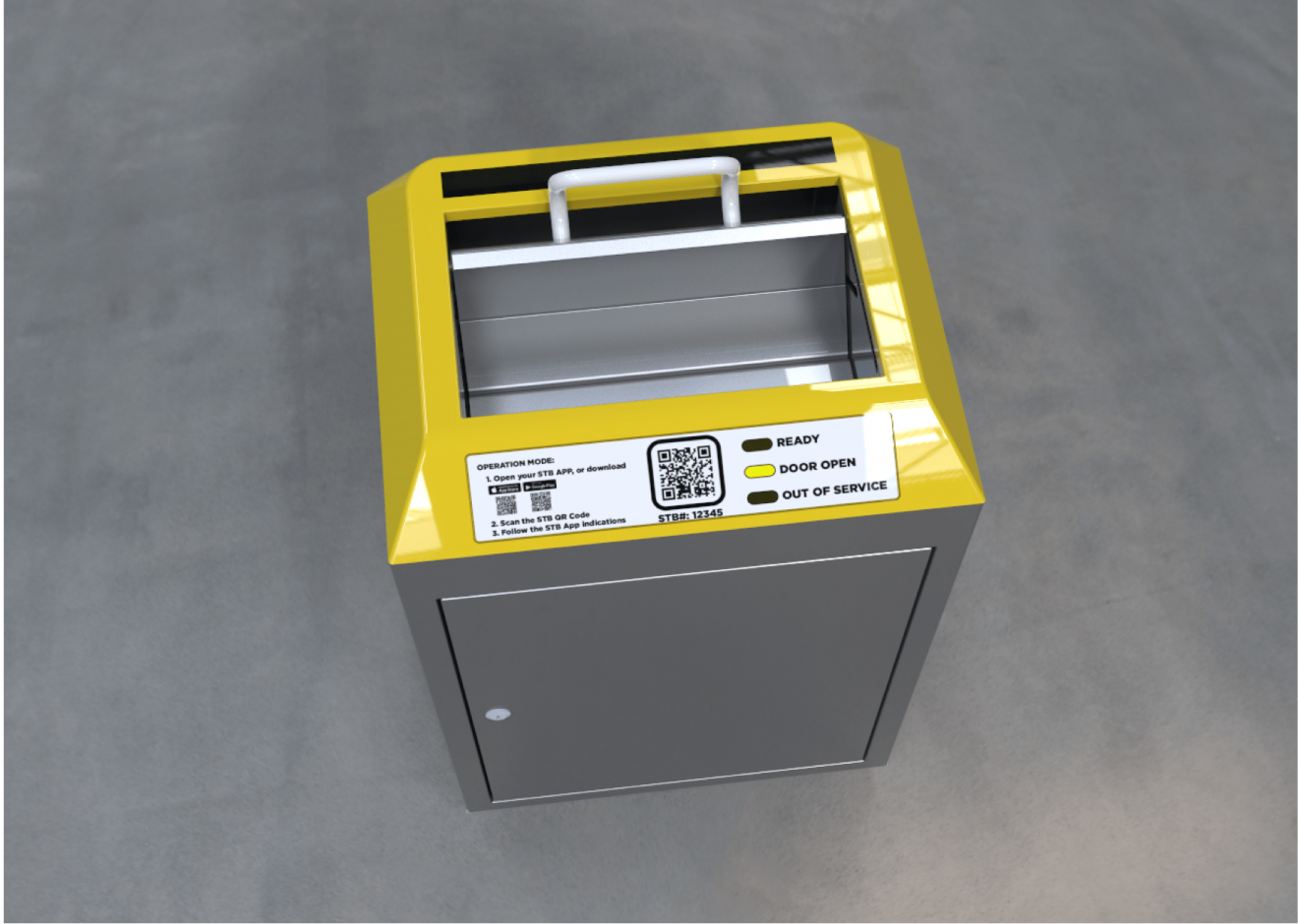 Smart trash bin concept rendering with yellow top and gray body